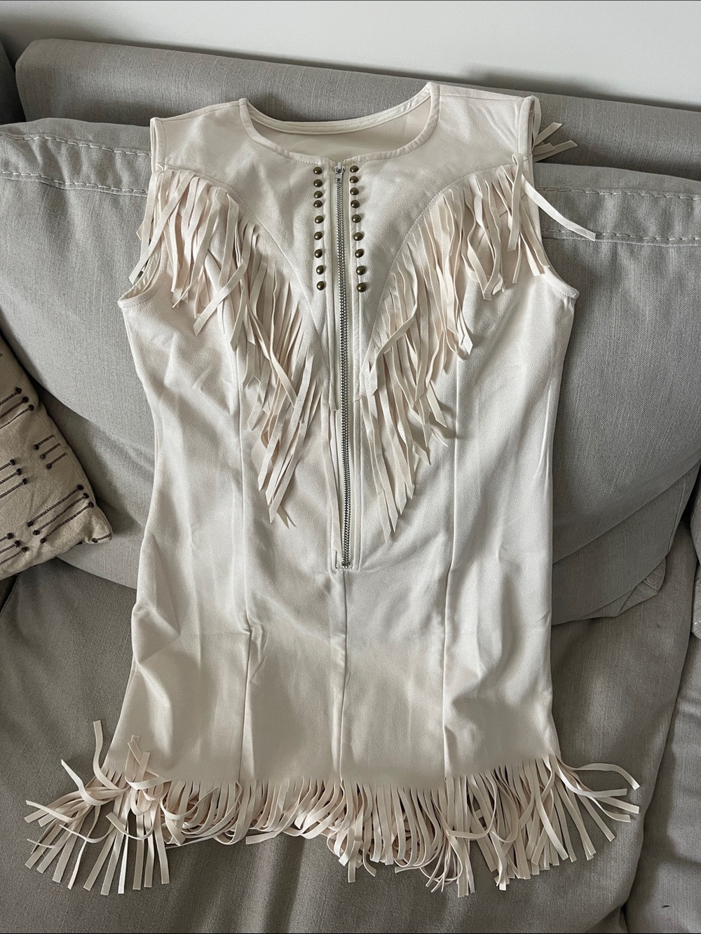 Cream Fringe Zip-Front Sleeveless Top